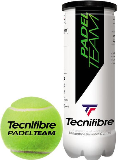 The Tecnifibre Padel Team Balls come in a sleek, cylindrical, white tube with bold black and green text. Inside are vibrant green padel balls featuring the Tecnifibre logo—ideal for any Padel Tour enthusiast.