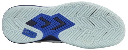 The image shows the sole of the K-Swiss Ultra Court Mens Padel Shoes in Bit Of Blue/Naval Academy/Dazzling Blue, featuring a blue and black chevron center, K-Swiss logo, and a textured white herringbone outsole for padel court traction.