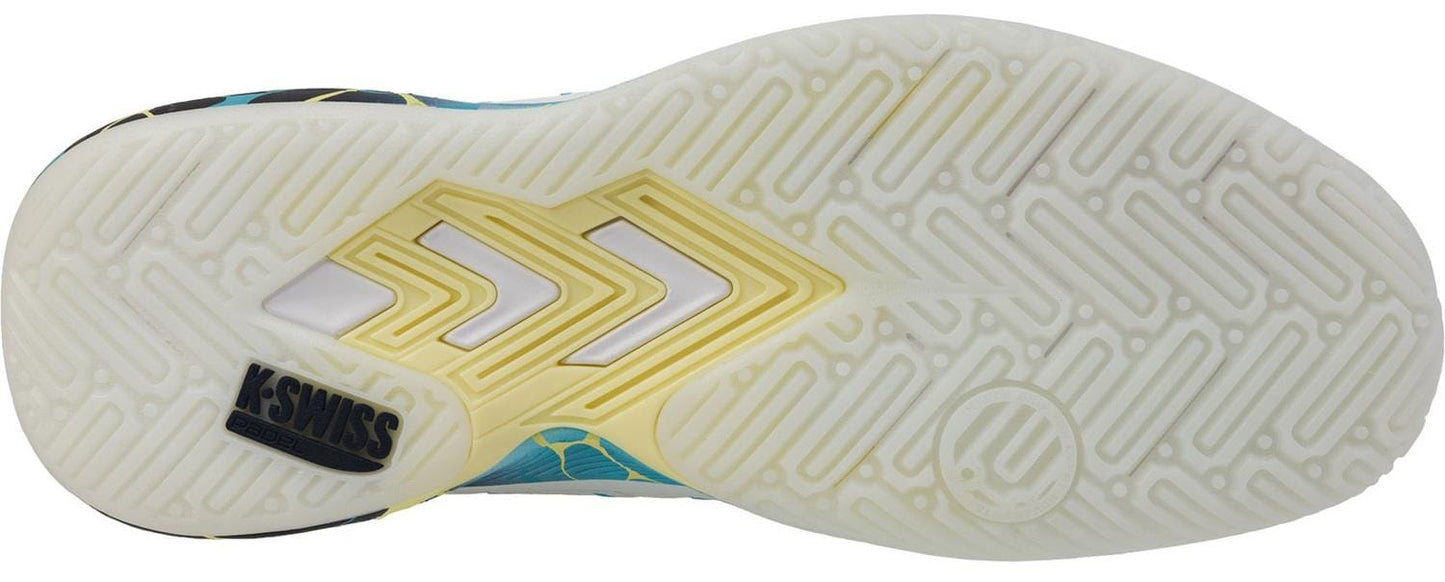 The image displays the sole of K-Swiss Ultra Court Mens Padel Shoes in Bit Of Blue/Sanyo Navy/Sanyo Blue, featuring a white textured tread, yellow chevron accents, and the black K-Swiss logo by the heel for high-performance support.