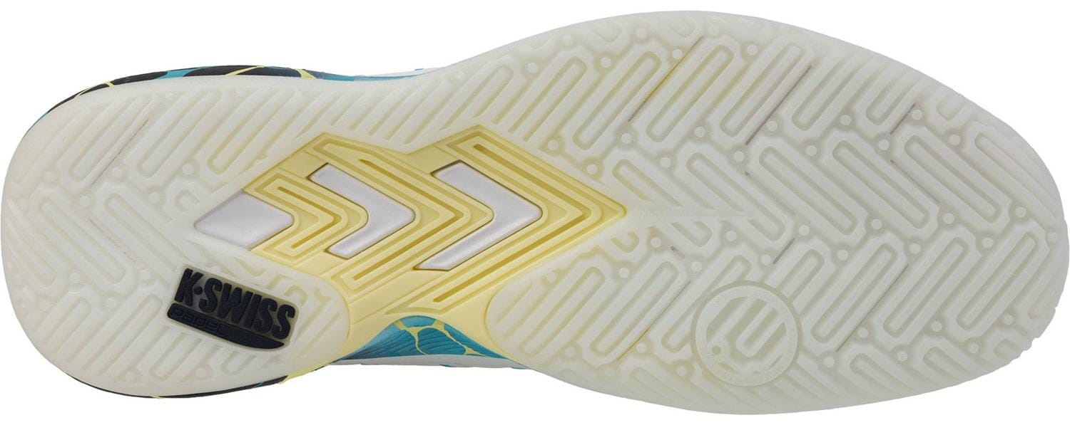 The image displays the sole of K-Swiss Ultra Court Mens Padel Shoes in Bit Of Blue/Sanyo Navy/Sanyo Blue, featuring a white textured tread, yellow chevron accents, and the black K-Swiss logo by the heel for high-performance support.
