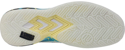 The image displays the sole of K-Swiss Ultra Court Mens Padel Shoes in Bit Of Blue/Sanyo Navy/Sanyo Blue, featuring a white textured tread, yellow chevron accents, and the black K-Swiss logo by the heel for high-performance support.