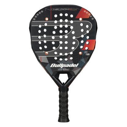 The Bullpadel Neuron 02 Edge 2026 Padel Racket in black and red features a perforated, textured face, ergonomic grip, PrismLock technology, and displays the white "Bullpadel" logo on the front.