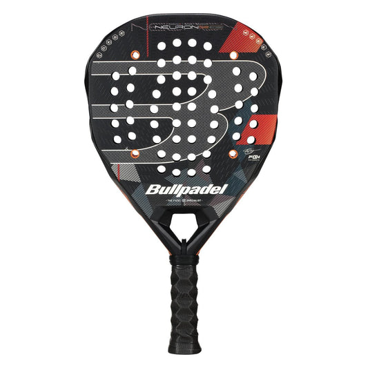 The Bullpadel Neuron 02 Edge 2026 Padel Racket in black and red features a perforated, textured face, ergonomic grip, PrismLock technology, and displays the white "Bullpadel" logo on the front.