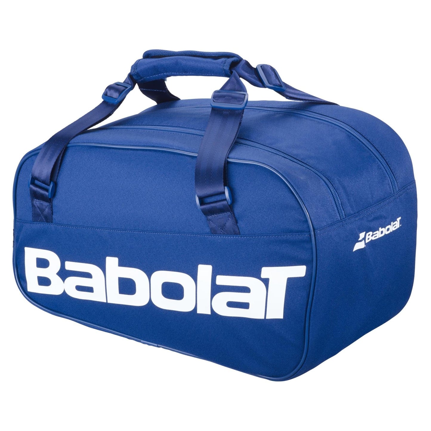 The Babolat Court S Padel Racket Bag in dark blue features two handles, zippered compartments, and white Babolat branding—ideal for carrying all your padel equipment.