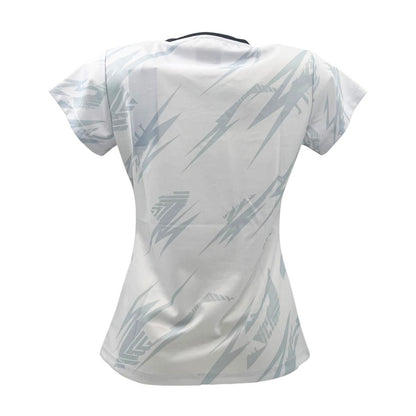 Rear view of the Yonex YTL8 Women's Padel T-Shirt in White/Charcoal, showcasing short sleeves and gray geometric patterns, made with moisture-wicking fabric, against a white backdrop.