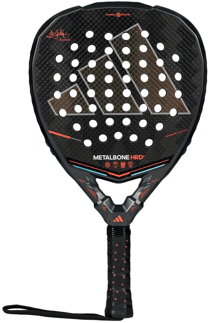 The adidas Metalbone HRD+ by Ale Galán 2026 Padel Racket in black and red features a honeycomb pattern, white holes, textured handle with wrist strap—perfect for players seeking power on the court.