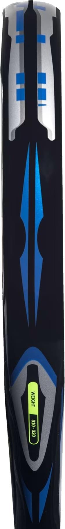 A close-up of the edge of a cricket bat shows a modern design with black, blue, and silver graphics—similar to the sleek look of an adidas Arrow Hit Junior White / Blue Padel Racket—and a small rectangular yellow label near the base.