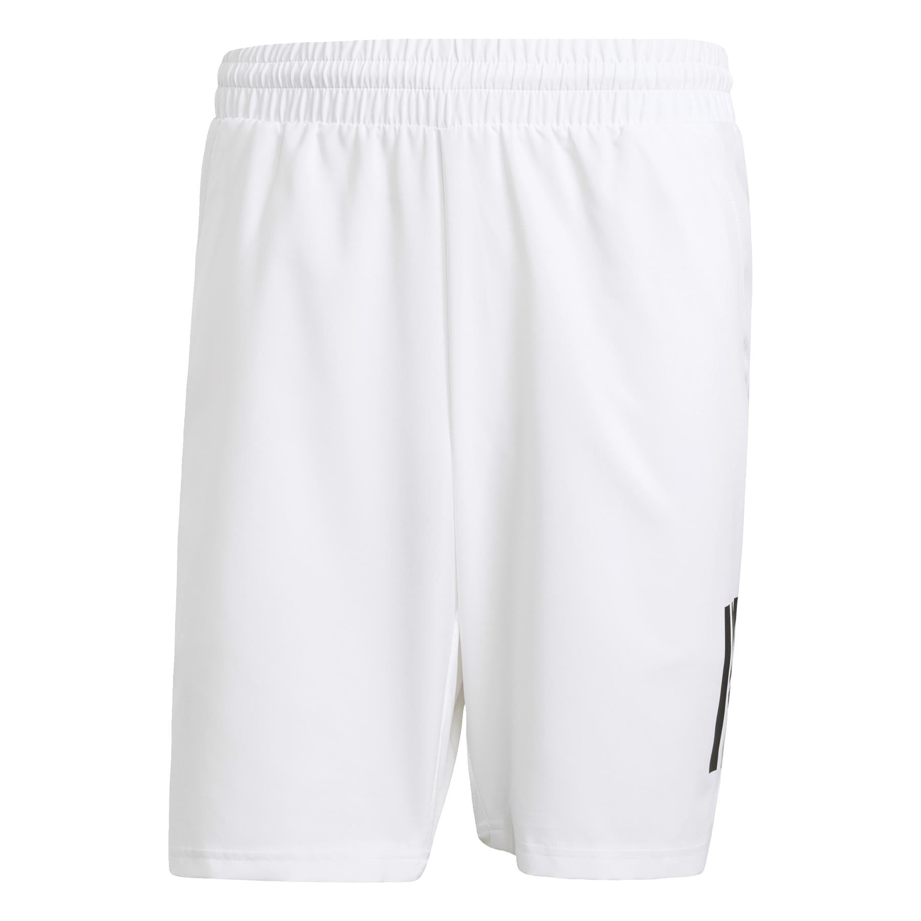 The adidas Men's 3 Stripe Padel Shorts in white feature an elastic waistband and a small black logo on the lower-left side. These shorts offer a simple, clean design with moisture-wicking fabric to keep you comfortable during intense matches.