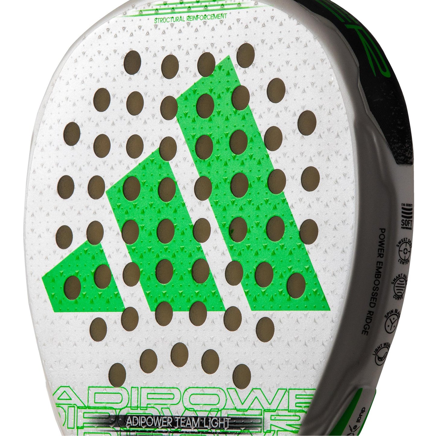 Here's a close-up of the ADIDAS Adipower Team Light 3.3 Padel Racket, showcasing its striking white and green design, ideal for intermediate players. The racket's surface is adorned with a pattern of circular holes and prominently displays the adidas logo at the center. Inscribed on it are the words "ADIPOWER TEAM LIGHT" along with technical details lining the edge.