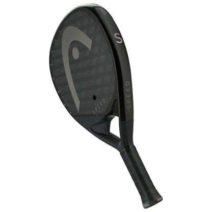 The HEAD Speed One X 2025 Padel Racket in black boasts a sleek design with Extreme Spin technology, a textured surface, "SPEED" displayed near the handle, and black grip tape for superior control.