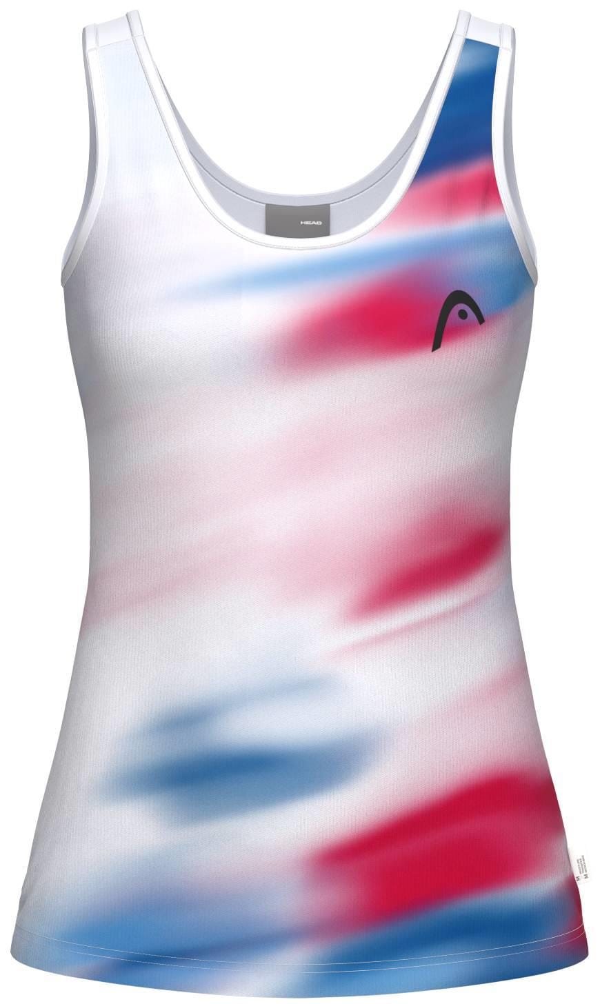 The HEAD Blur Womens Padel Tank Top - ROXU features a sleeveless design, red, blue, and white blurred pattern, breathable sportswear fabric, and a small black logo on the left chest. Perfect for active days.