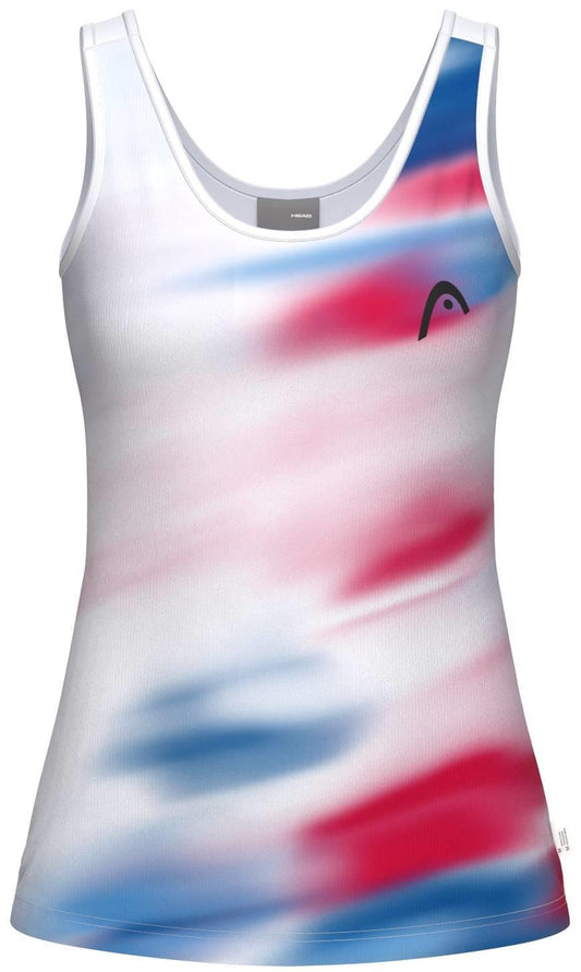 The HEAD Blur Womens Padel Tank Top - ROXU features a sleeveless design, red, blue, and white blurred pattern, breathable sportswear fabric, and a small black logo on the left chest. Perfect for active days.