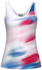 The HEAD Blur Womens Padel Tank Top - ROXU features a sleeveless design, red, blue, and white blurred pattern, breathable sportswear fabric, and a small black logo on the left chest. Perfect for active days.