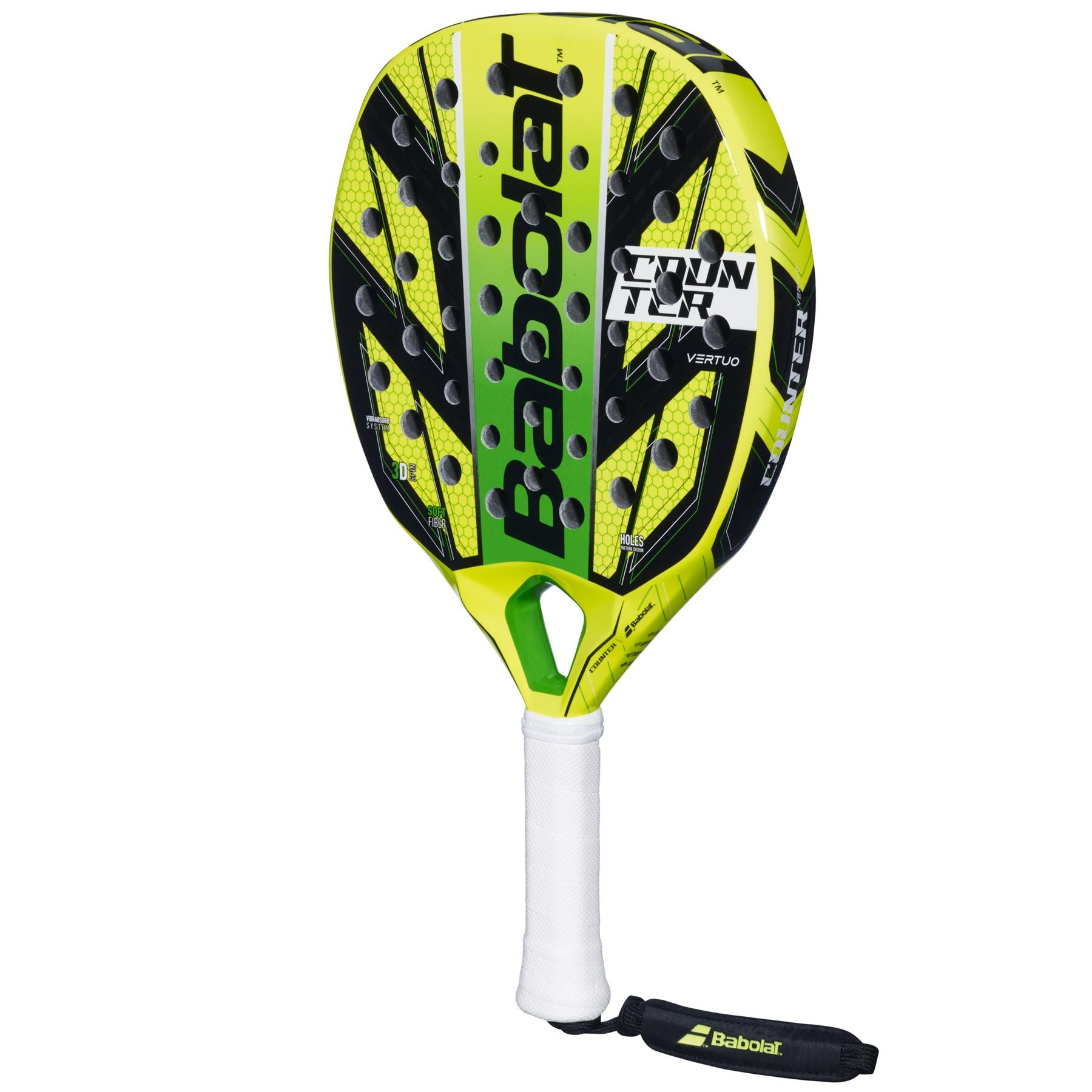 The Babolat Counter Vertuo Padel Racket - Yellow / Black, featuring a bold color scheme and complemented by a white handle and wrist strap, provides effortless power and excellent vibration absorption for improved performance on the court.