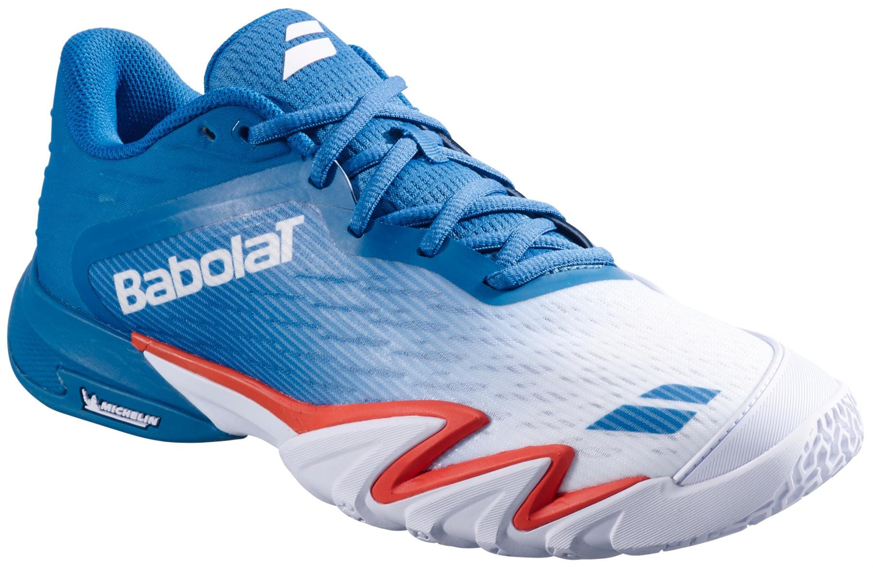 The Babolat Premura 3 Men's Padel Shoes in Seaport feature a blue and white design with red midsole accents, lace-up closure, and side Babolat branding—high-performance court shoes viewed from the front-side.