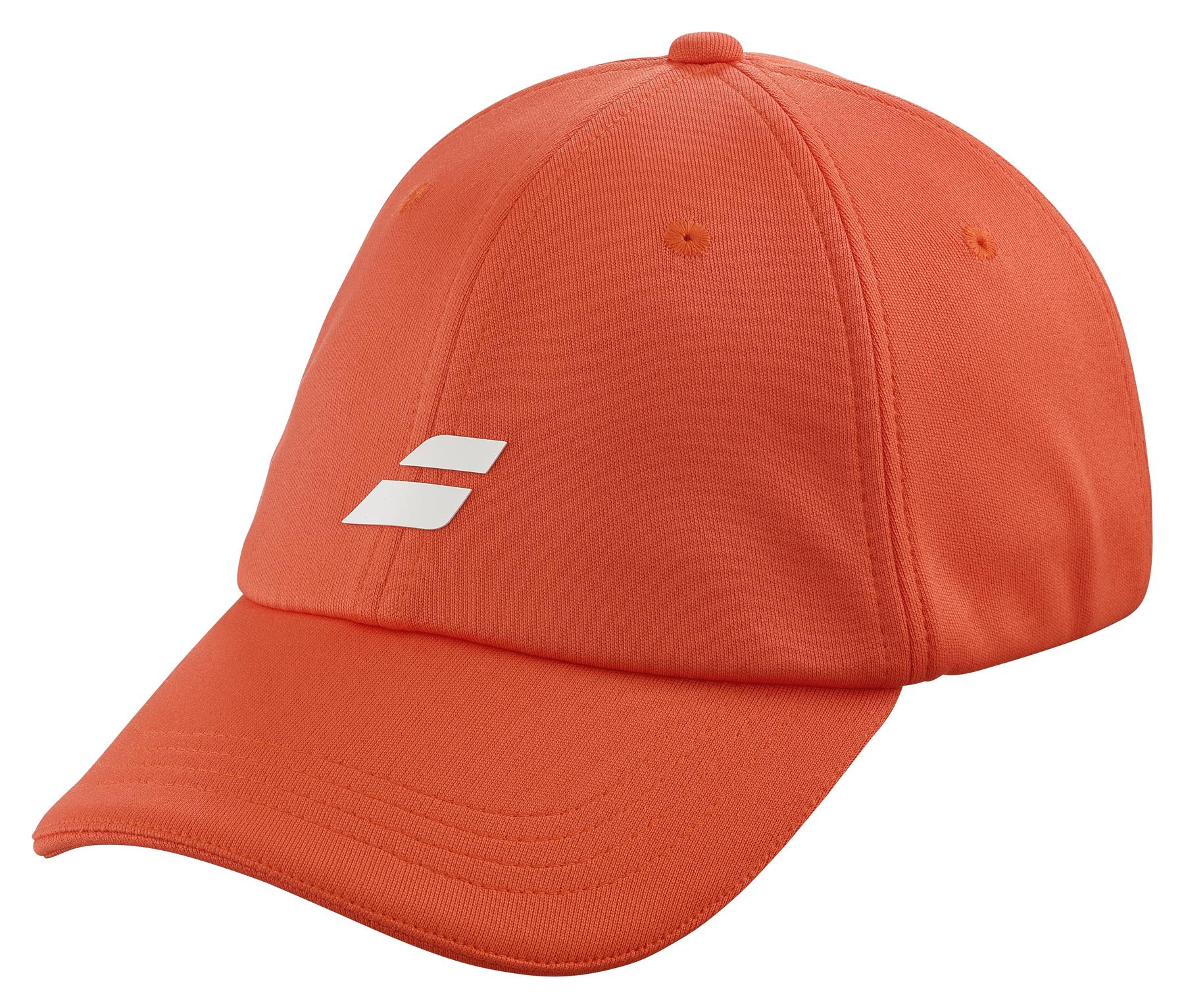 The Babolat Pure Logo Cap in Fiesta Red is a baseball cap made from lightweight recycled polyester, featuring a curved brim and a white logo on the front, set against a plain white background.