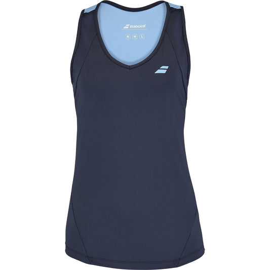 The Babolat Drive Women's Padel Tank Top in navy blue features light blue shoulder accents, a V-neck, and Fiber Dry fabric for comfort, with a logo on the chest.