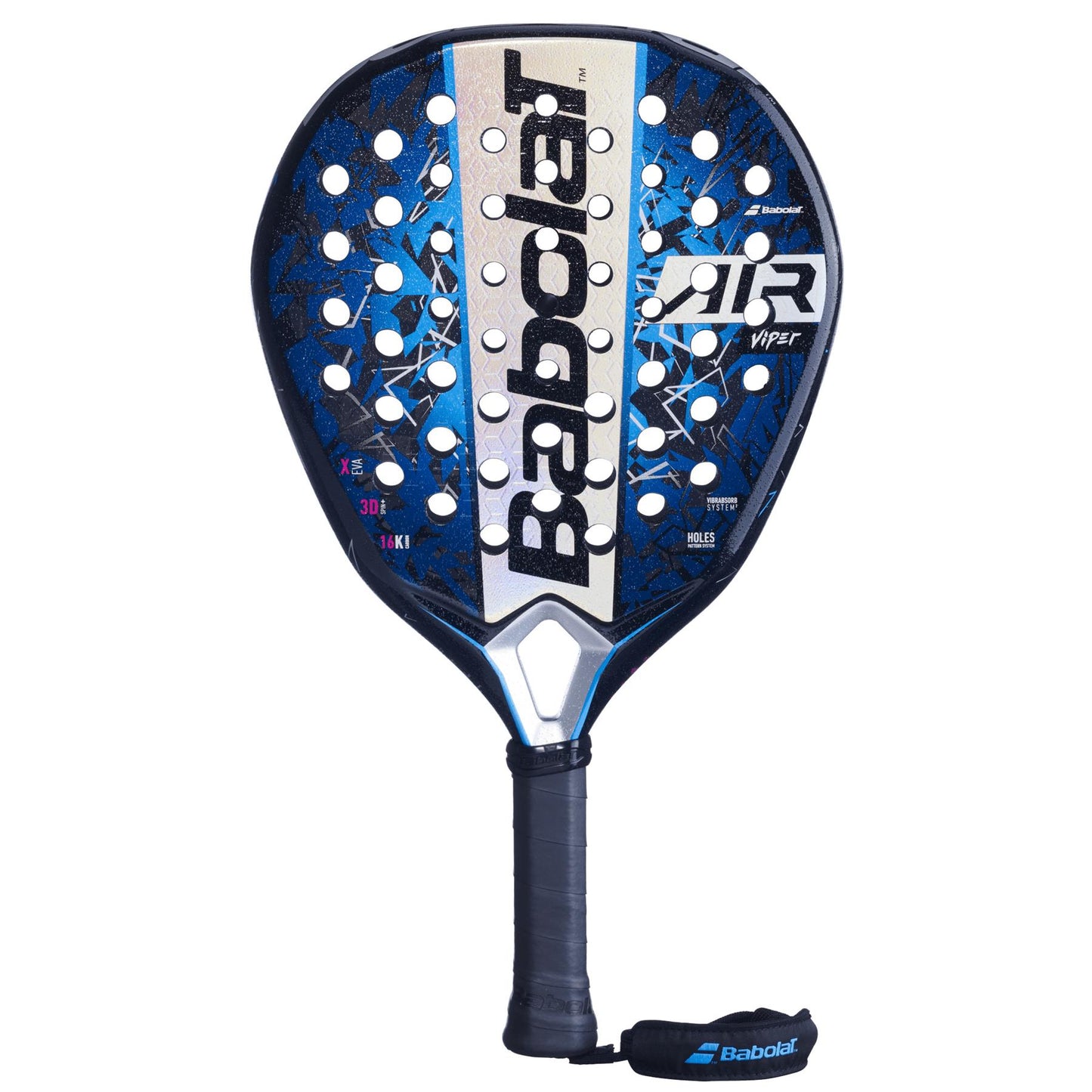 Discover the Babolat Air Viper 2.5 Padel Racket in striking blue with an innovative perforated design. It features a black grip and prominently displays the "Babolat" logo, ideal for Air Strikers seeking peak performance on the court.