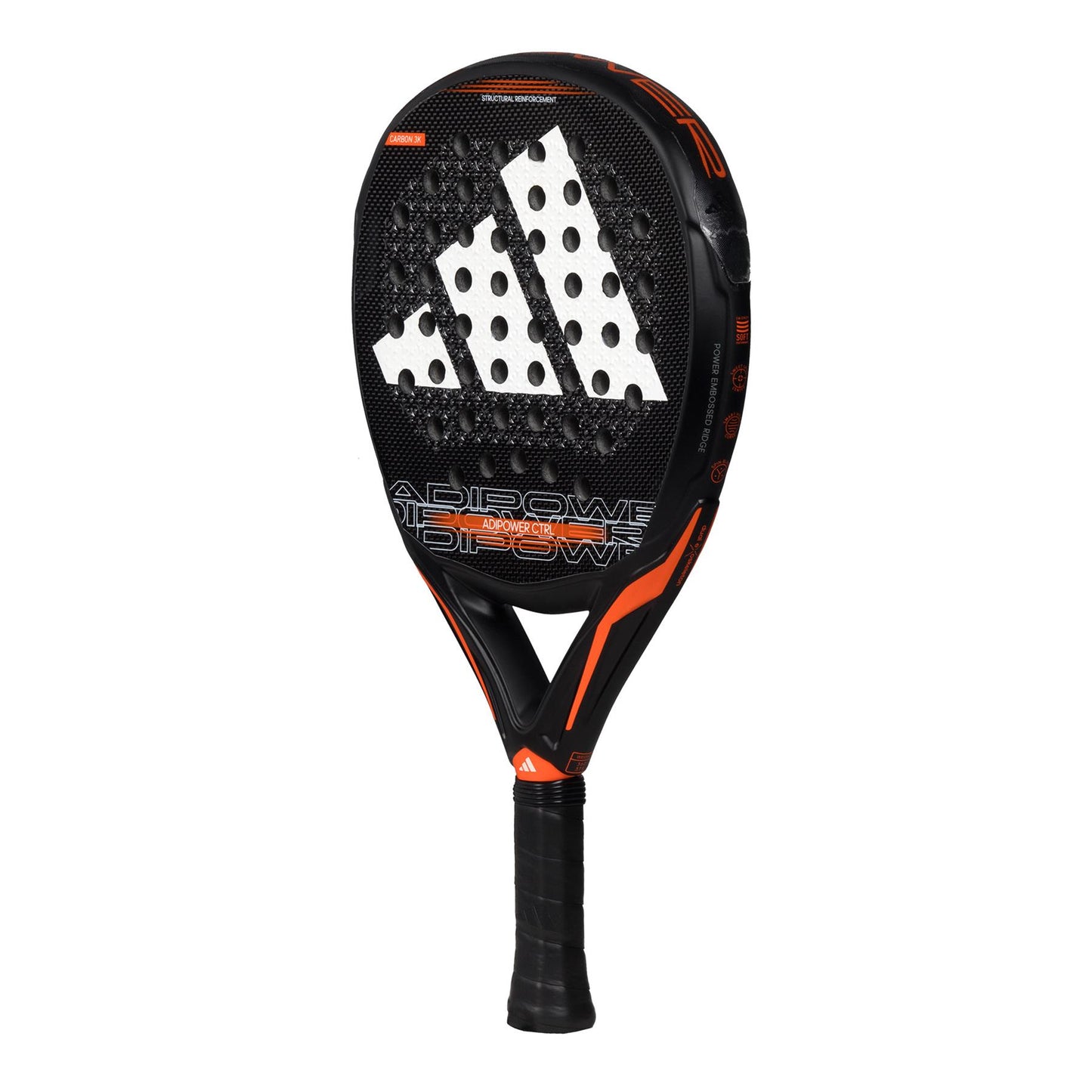 The ADIDAS Adipower CTRL 3.3 Padel Racket in black and orange features a striking design with a perforated surface, prominently displaying the adidas logo in white on the face. Constructed with Carbon Fiber 3K for superior durability, its handle is wrapped in black grip to provide optimal control.