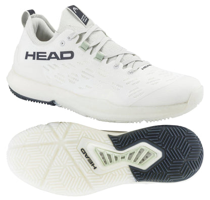 The HEAD Motion Pro 1.5 Men's Padel Shoes in white feature black "HEAD" branding on the side and a textured black and white sole with the HEAD logo, offering versatile performance for padel.