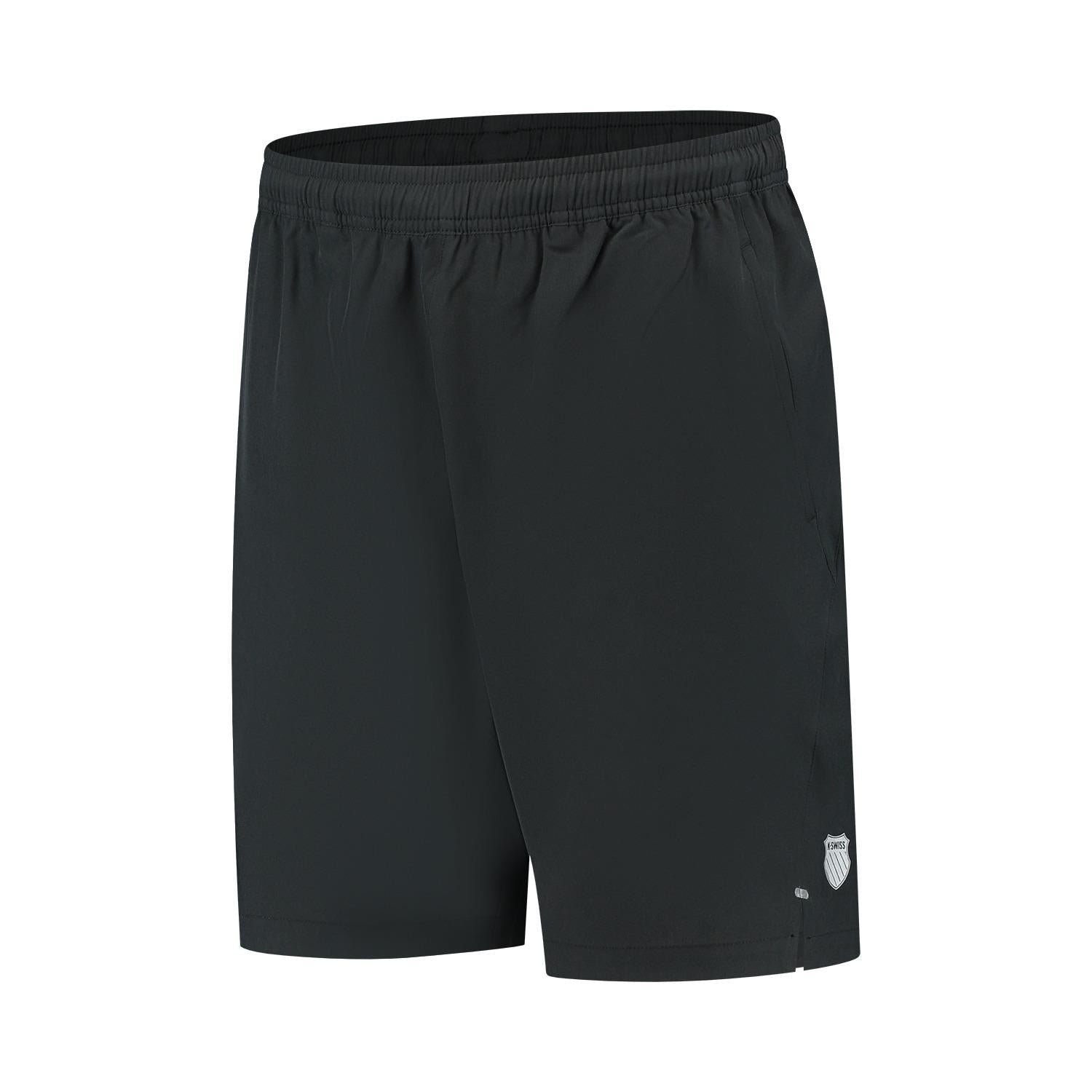 K-Swiss Hypercourt 7" Mens Padel Shorts 2 in black are made from four-way stretch polyester, featuring an elastic waistband and a discreet logo near the hem. Designed for comfort and style, these minimalist shorts are perfect for sports or casual wear.