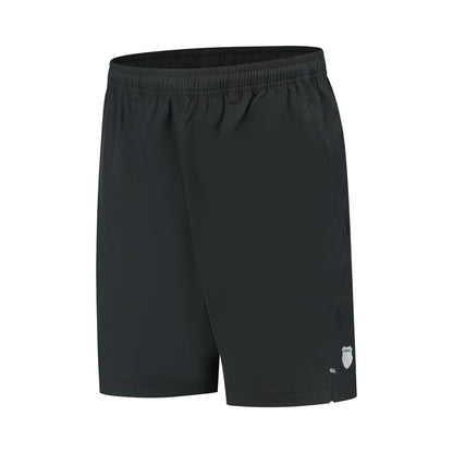K-Swiss Hypercourt 7" Mens Padel Shorts 2 in black are made from four-way stretch polyester, featuring an elastic waistband and a discreet logo near the hem. Designed for comfort and style, these minimalist shorts are perfect for sports or casual wear.