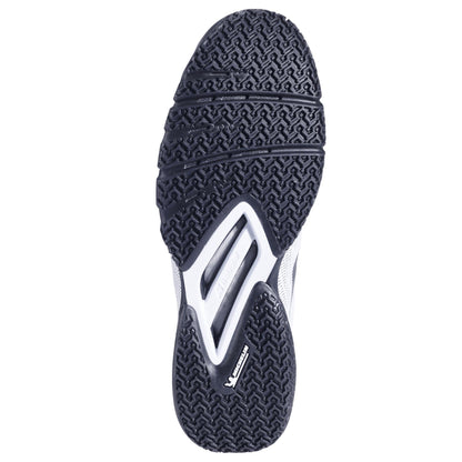 The sole of the Babolat Jet Viva Men's Padel Shoes in white/black displays a black, textured rubber pattern for traction, ideal for intermediate players. It features the Babolat logo near the heel and includes white accents and cutouts in the midsection for enhanced flexibility.