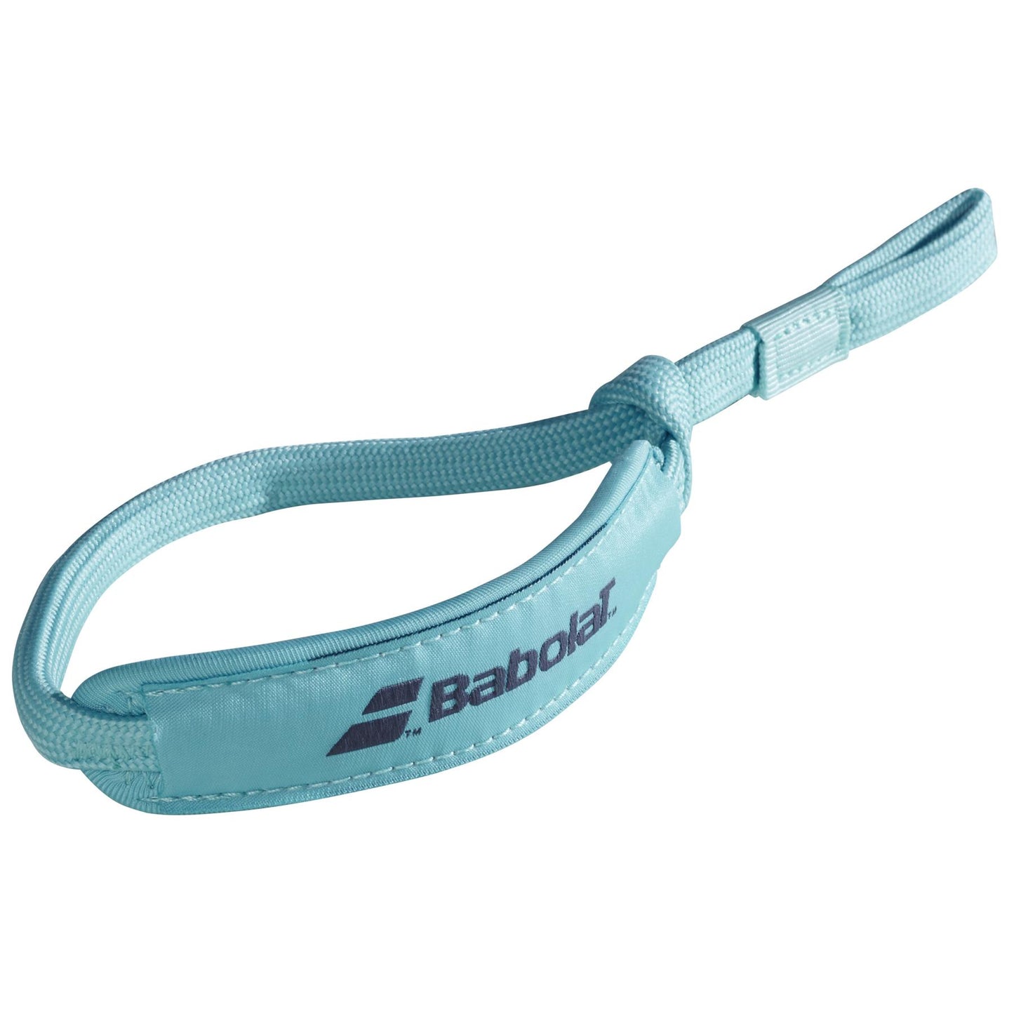 Presenting the Babolat Padel Wrist Strap in turquoise blue, featuring black text and designed to complement Babolat rackets.