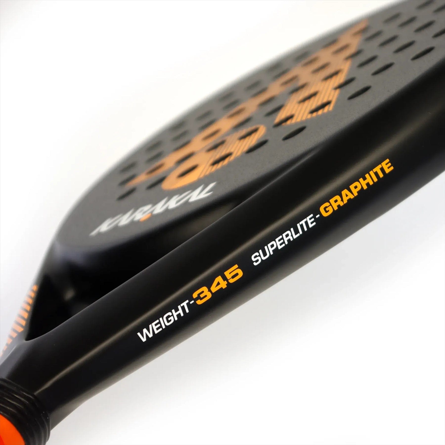 Close-up of the Karakal Air Lite 345 Orange Padel Racket by Karakal, a teardrop-shaped lightweight padel racket with orange accents, perforated surface, and "WEIGHT: 345 SUPERLITE - GRAPHITE" on the frame.