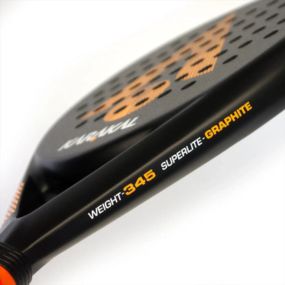 Close-up of the Karakal Air Lite 345 Orange Padel Racket by Karakal, a teardrop-shaped lightweight padel racket with orange accents, perforated surface, and "WEIGHT: 345 SUPERLITE - GRAPHITE" on the frame.