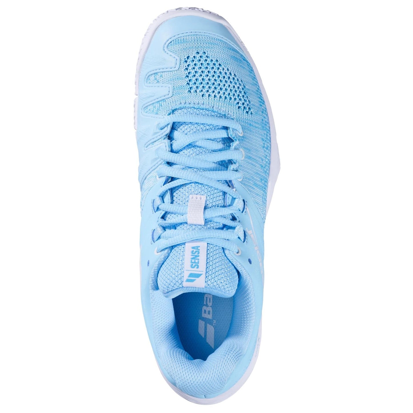 Top view of the Babolat Sensa Womens Padel Shoes in Sky Blue/Tigerlily, featuring white accents, mesh details, visible laces and tongue, and a durable Michelin rubber outsole.