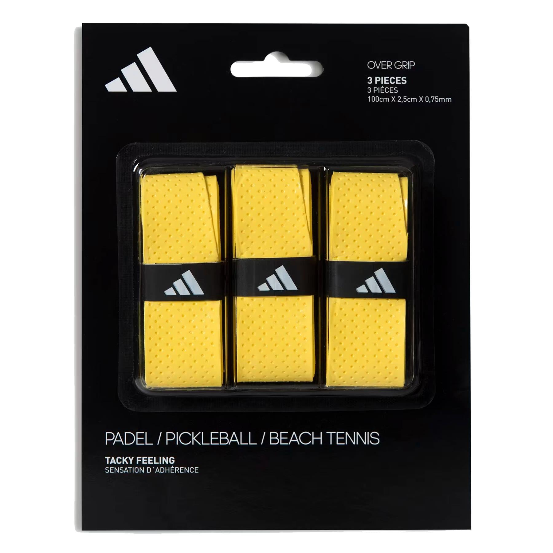 The adidas Padel Overgrips (3 Pack) in yellow come in black packaging with the Adidas logo at the top left and white text, providing comfort and performance for padel, pickleball, or beach tennis.