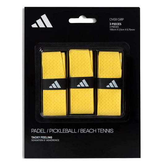 The adidas Padel Overgrips (3 Pack) in yellow come in black packaging with the Adidas logo at the top left and white text, providing comfort and performance for padel, pickleball, or beach tennis.