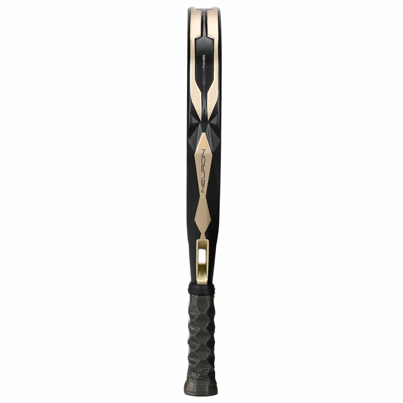 The Bullpadel Neuron 02 2026 Padel Racket in black and gold is displayed vertically, showcasing its thick frame and textured handle—premium details appreciated by professional padel players.