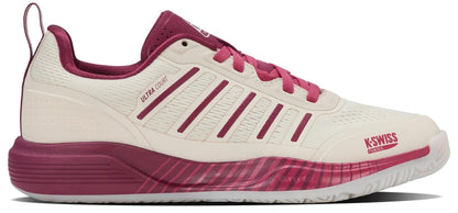 The K-Swiss Ultra Court Womens Padel Shoes in Jet Stream/Beaujois/Jazzy feature a mesh upper, five burgundy stripes, and a thick sole, offering high-performance comfort and support for serious padel play.