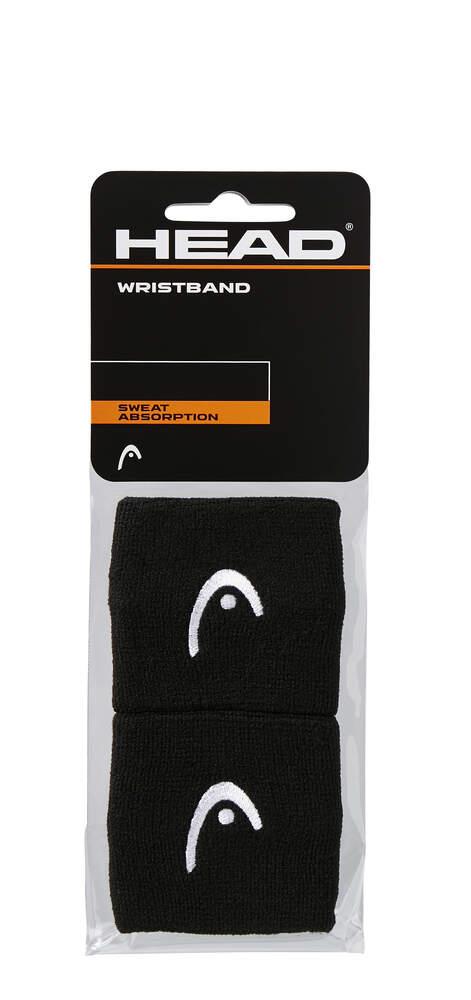 Package of two HEAD 2.5" Padel Wristbands in black, featuring a white logo, crafted as a sports accessory for optimal sweat absorption.