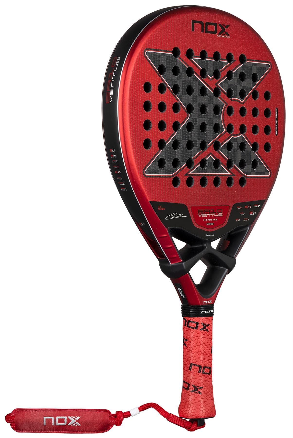 A NOX Luxury EA10 Ventus Hybrid 12K XTREM By Edu Alonso 2026 padel racket in red and black, featuring a carbon 12K perforated face, large "X" design, textured grip, wrist strap, and visible brand logo and specs on the surface.