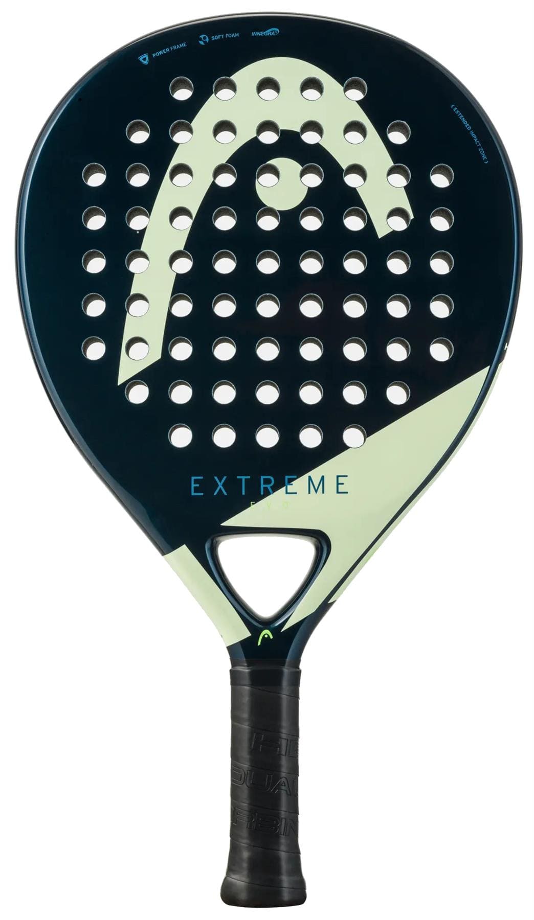 The HEAD Evo Extreme 2025 Padel Racket by HEAD features a blue and green design with "EXTREME" on the face, multiple round holes, and a textured black grip—ideal as a comfortable beginner padel racket.
