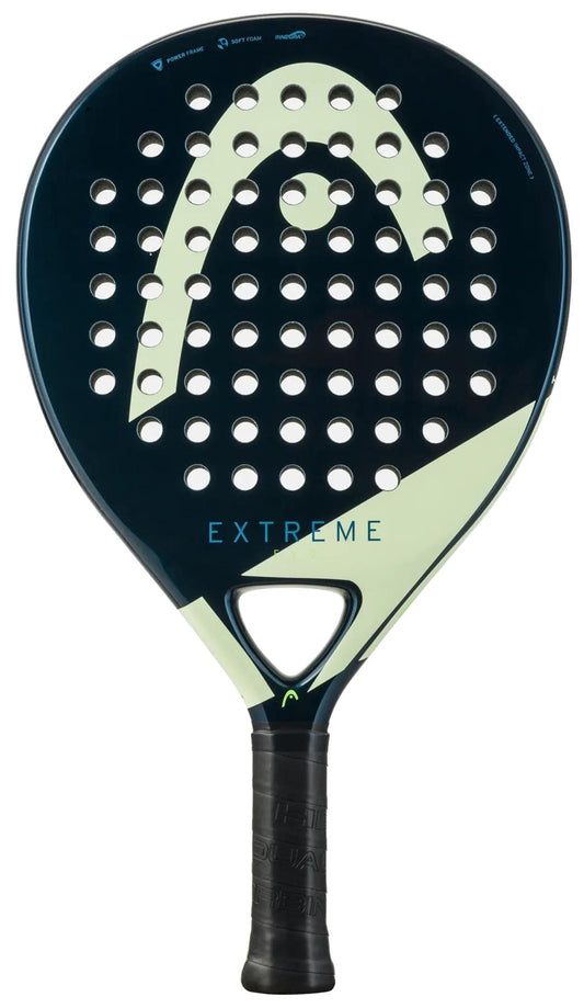 The HEAD Evo Extreme 2025 Padel Racket by HEAD features a blue and green design with "EXTREME" on the face, multiple round holes, and a textured black grip—ideal as a comfortable beginner padel racket.