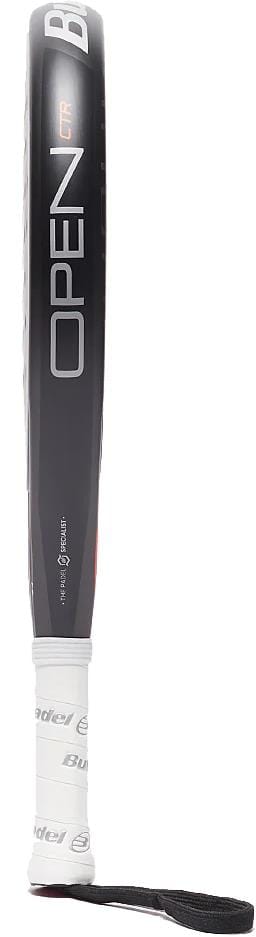 The Bullpadel Open Control 2025 Padel Racket, in black and white with a white grip and black wrist strap, stands vertically displaying "OPEN"—a beginner-friendly padel racket from Bullpadel.