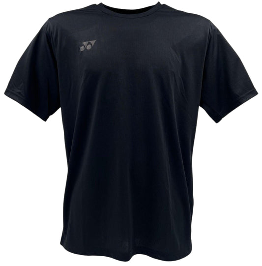 The Yonex YTM9 Unisex Padel T-Shirt in black is a short-sleeve, moisture-wicking polyester tee featuring a small white Yonex logo on the left chest, shown on a white background.