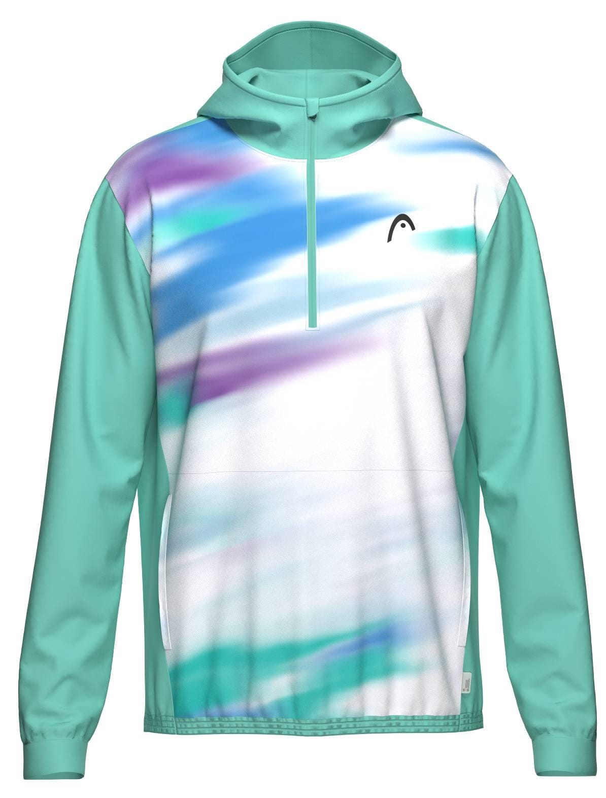 The HEAD Topspin Mens Padel Hoodie - TQXU by HEAD is a long-sleeve pullover with mint green sleeves and hood, made from moisture-wicking microfibre, featuring a wavy abstract front panel and a small logo on the chest.