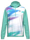 The HEAD Topspin Mens Padel Hoodie - TQXU by HEAD is a long-sleeve pullover with mint green sleeves and hood, made from moisture-wicking microfibre, featuring a wavy abstract front panel and a small logo on the chest.