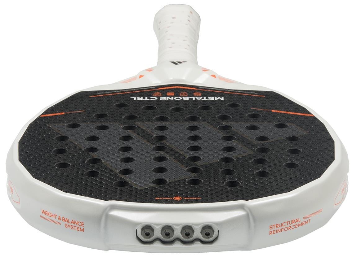 A close-up of the adidas Metalbone Ctrl 2026 Padel Racket - Black reveals a textured face with circular holes, adjustable weight system, white grip, and "Metalbone CTRL" plus technical details printed on the black frame.