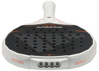 A close-up of the adidas Metalbone Ctrl 2026 Padel Racket - Black reveals a textured face with circular holes, adjustable weight system, white grip, and "Metalbone CTRL" plus technical details printed on the black frame.