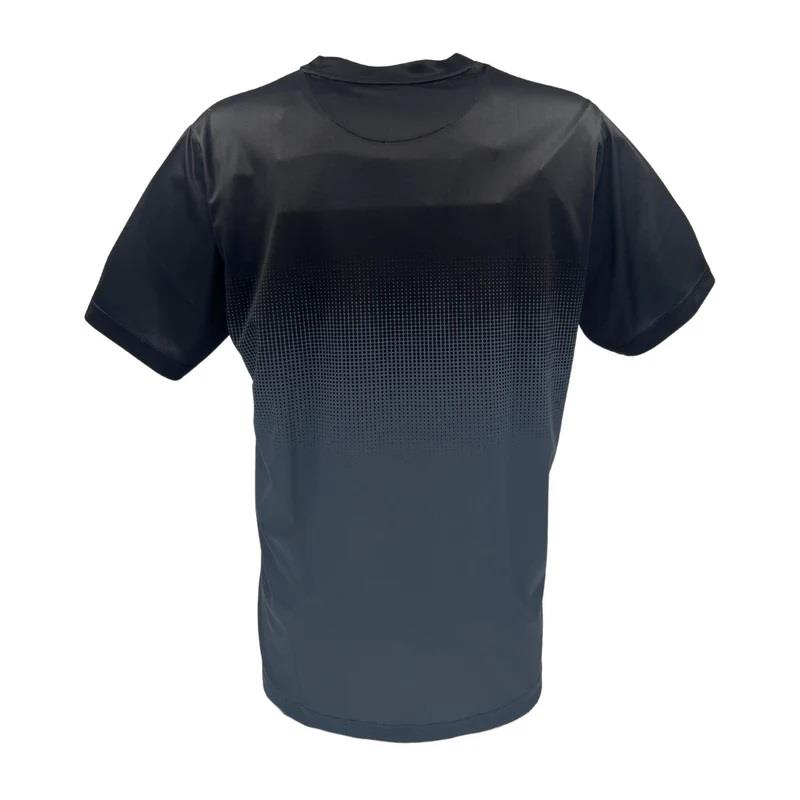 The Yonex YTM5 Men's Padel T-Shirt in Shadow/Black showcases a gradient pattern with small dots from black to grey and is made of moisture-wicking polyester for comfortable wear, elegantly displayed from the back.