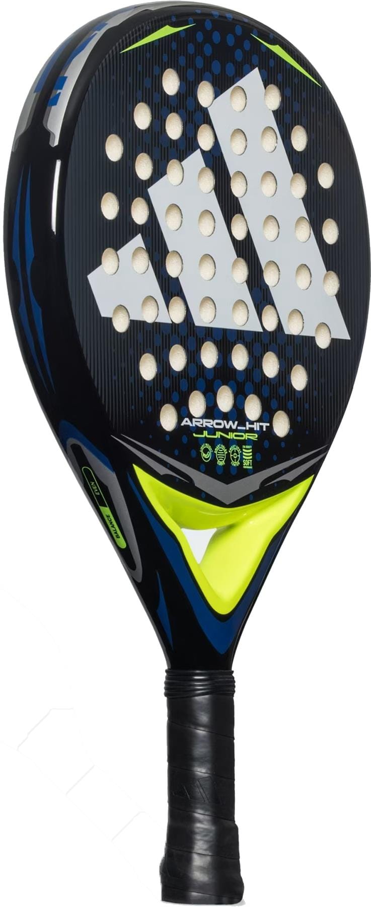 The adidas Arrow Hit Junior White / Blue Padel Racket is a lightweight racket with a large geometric logo, circular perforations, blue accents, and "Arrow" on the face; it has a black grip-wrapped handle.