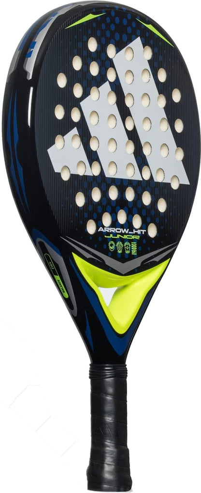 The adidas Arrow Hit Junior White / Blue Padel Racket is a lightweight racket with a large geometric logo, circular perforations, blue accents, and "Arrow" on the face; it has a black grip-wrapped handle.