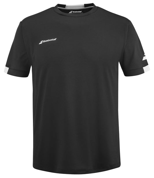 The Babolat Play Men's Crew Neck Padel T-Shirt in black features short sleeves and Fiber Dry technology, adorned with white logo details on the chest and sleeves. Its simple crew neck design offers a minimalist style ideal for athletic activities.