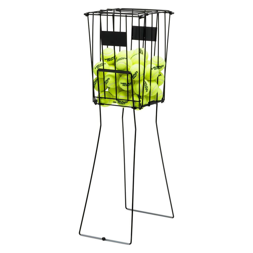 The HEAD Padel Ball Basket With Separator is a robust option frequently utilized by coaches during tennis practice. It features an open grid design that allows the bright yellow tennis balls to remain visible from the outside while standing on sturdy metal legs.